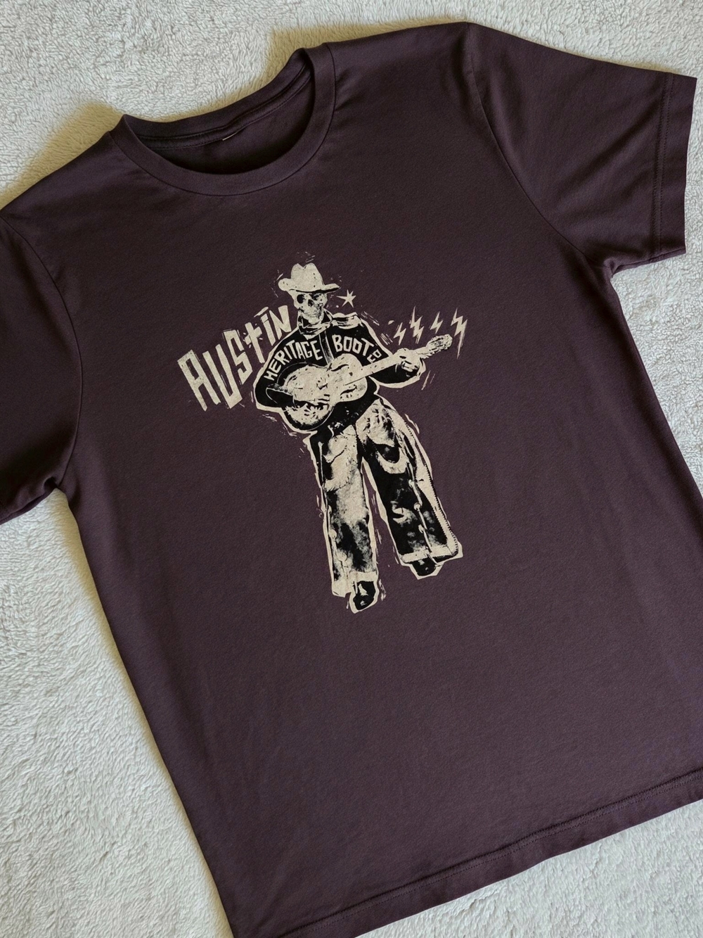 Heritage Boot Co Austin Texas Skeleton Cowboy Guitar Graphic Tee size Unisex M